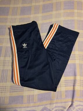 Vintage 70s Adidas Track Pants USA Made Blue Orange Pleated Large Trefoil Warmup
